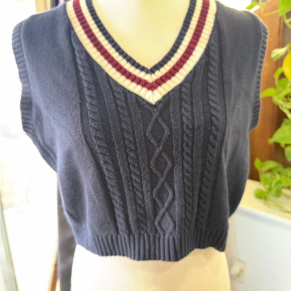 Witty fox Sweater vest size large Navy Cable Knit V-Neck Sweater Vest